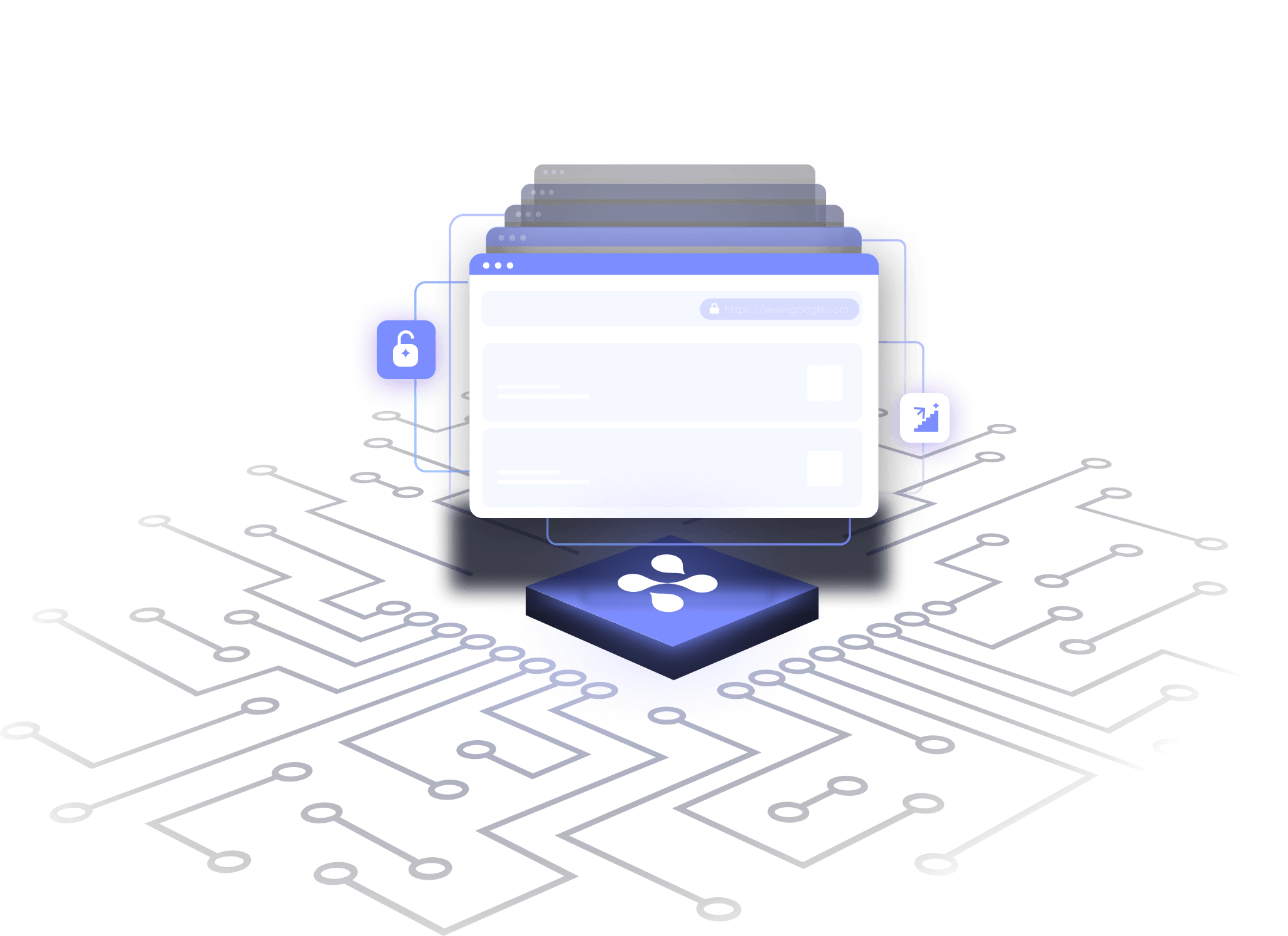 Illustration of multiple overlapping browser windows above a glowing chip with circuit lines extending outward, featuring a lock and expand icon.