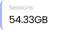 a white box with light purple text that reads Sessions, and black text that reads 54.33GB