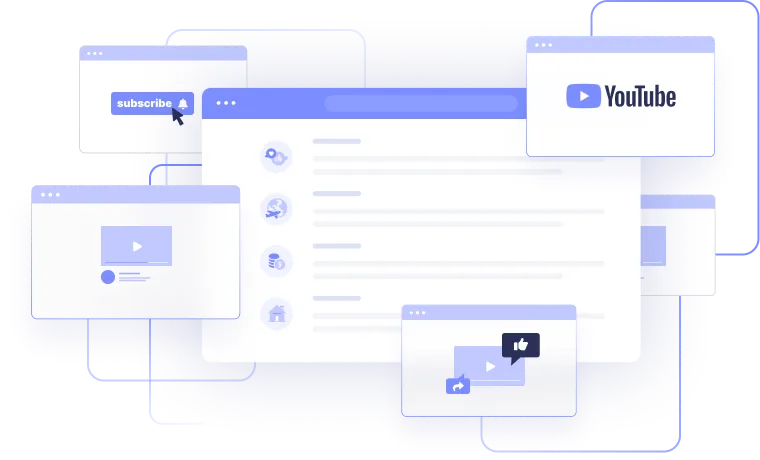 a series of colored and white boxes with purple icons and highlights that look like opened browser windows