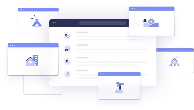 a series of colored and white boxes with purple icons and highlights that look like opened browser windows