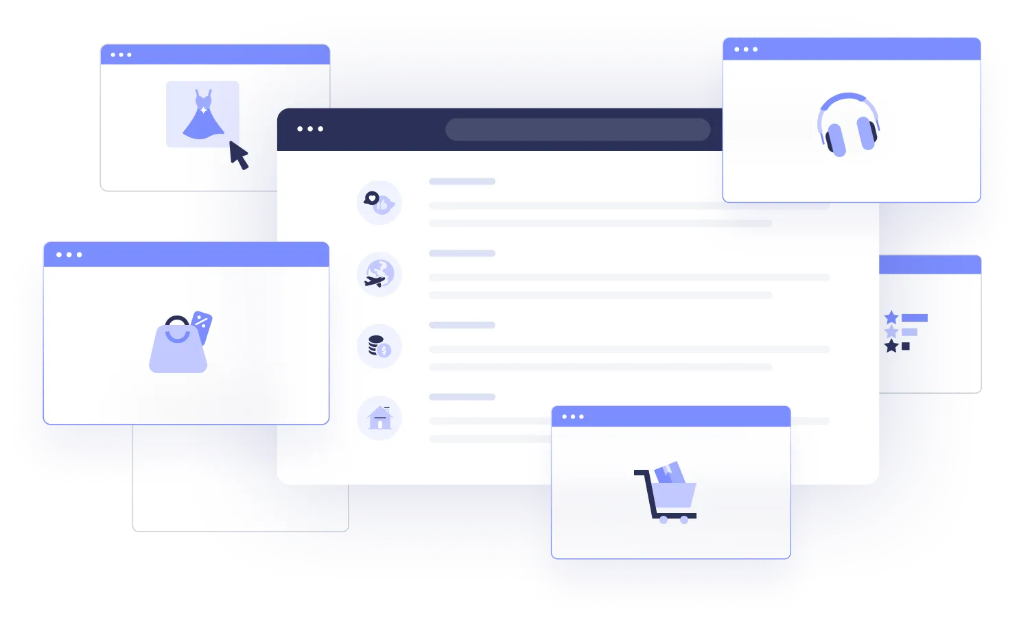 a series of colored and white boxes with purple icons and highlights that look like opened browser windows