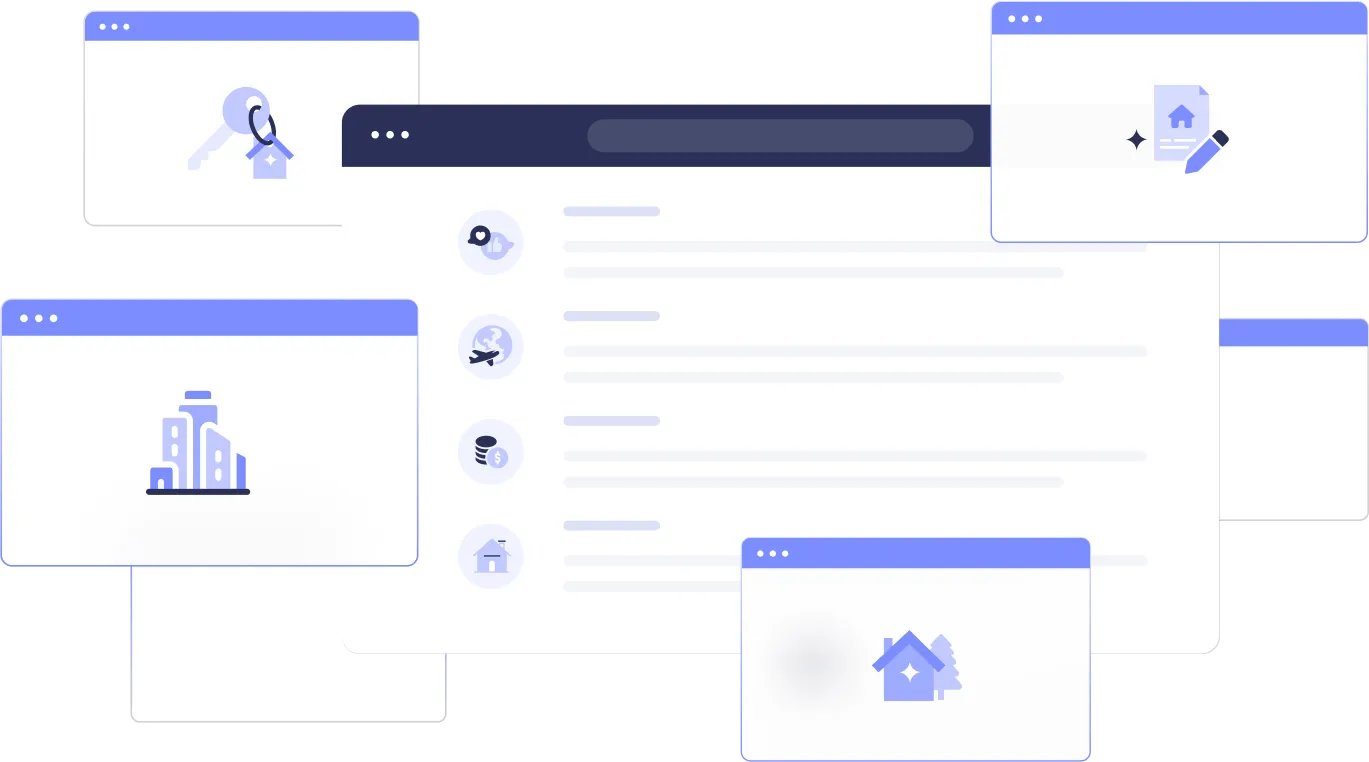 a series of colored and white boxes with purple icons and highlights that look like opened browser windows
