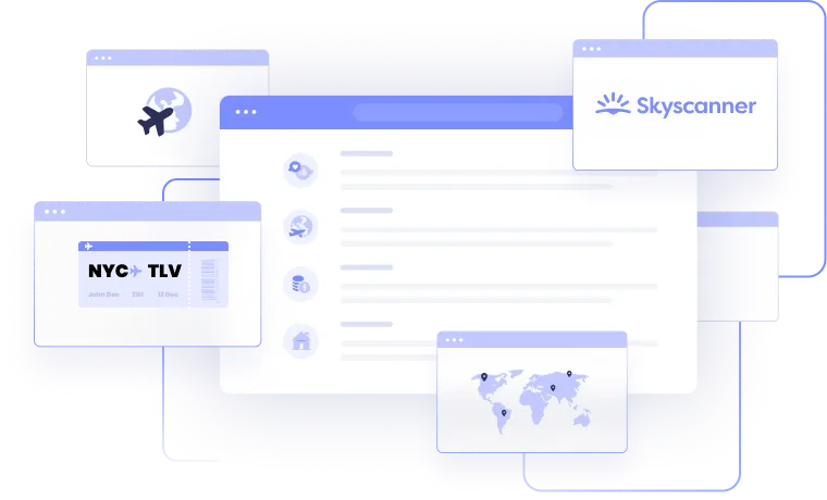 a series of colored and white boxes with purple icons and highlights that look like opened browser windows