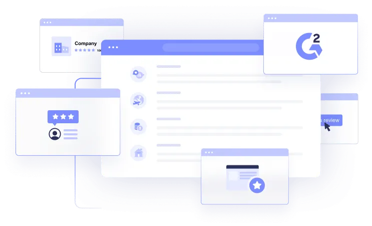 a series of colored and white boxes with purple icons and highlights that look like opened browser windows