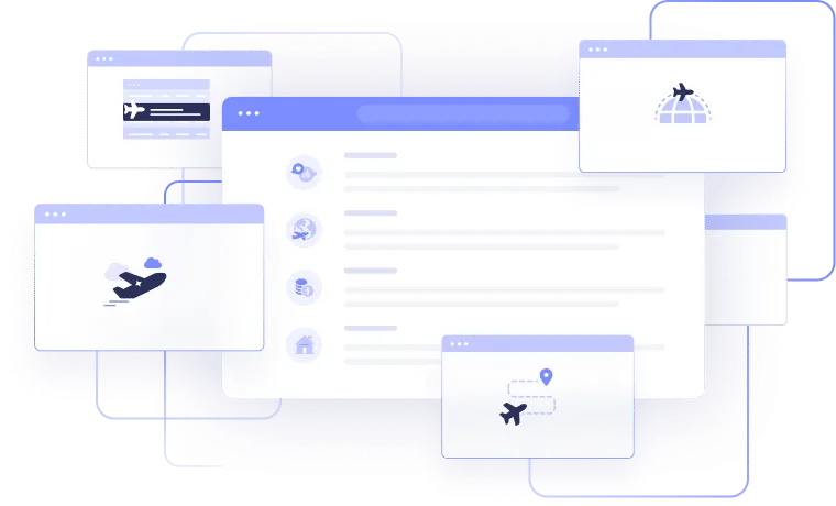 a series of colored and white boxes with purple icons and highlights that look like opened browser windows