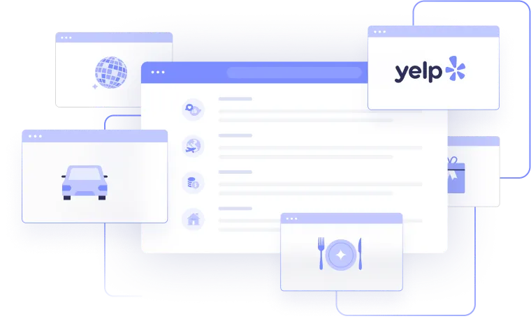a series of colored and white boxes with purple icons and highlights that look like opened browser windows