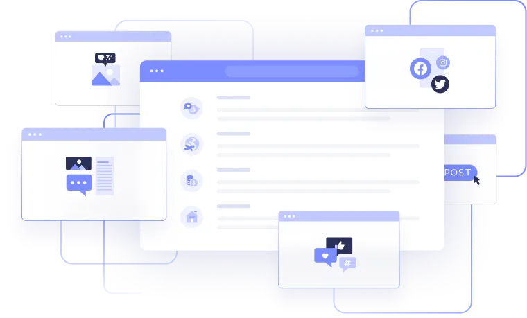 a series of colored and white boxes with purple icons and highlights that look like opened browser windows