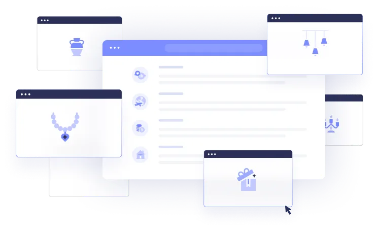 a series of colored and white boxes with purple icons and highlights that look like opened browser windows