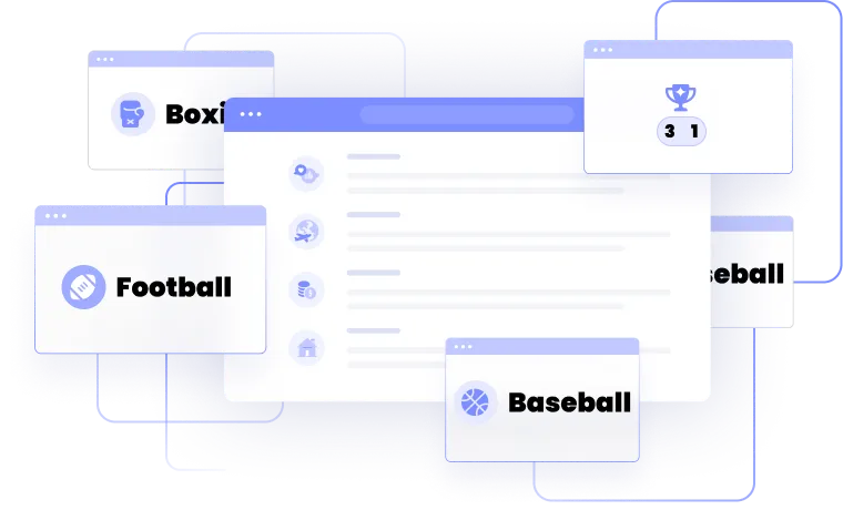 a series of colored and white boxes with purple icons and highlights that look like opened browser windows
