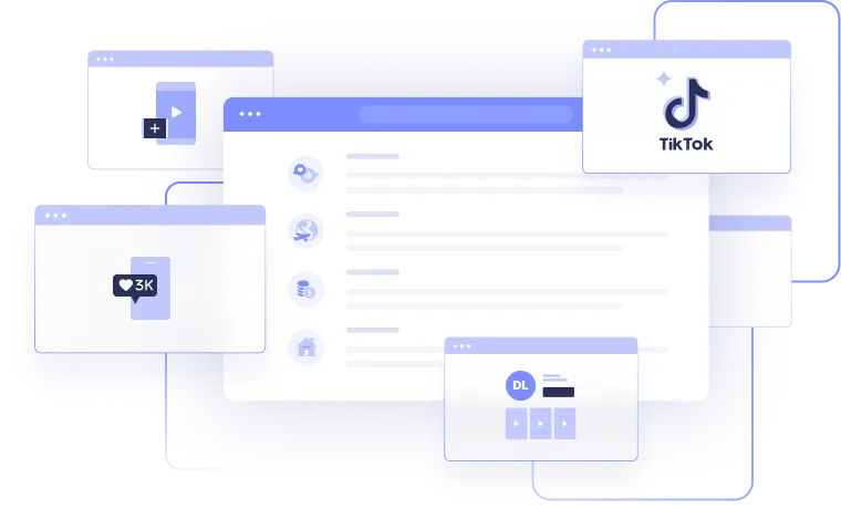 a series of colored and white boxes with purple icons and highlights that look like opened browser windows