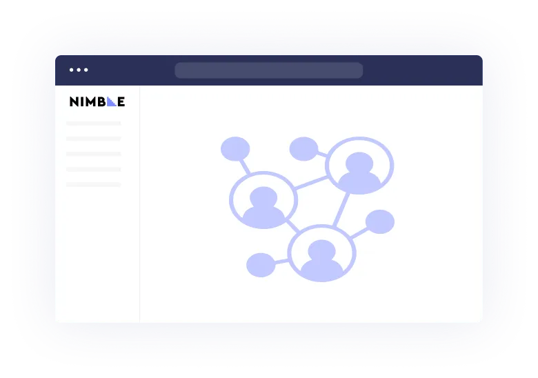 a white box with a purple top that has purple icons of people in a network in the center