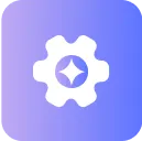 White gear icon with a diamond shape in the center on a purple gradient background.