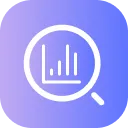 White magnifying glass icon over a bar chart on a purple to blue gradient background.