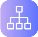White hierarchical network diagram icon on a blue to purple gradient circular background.
