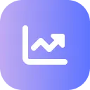 White line graph icon with an upward trend arrow on a purple gradient circular background.