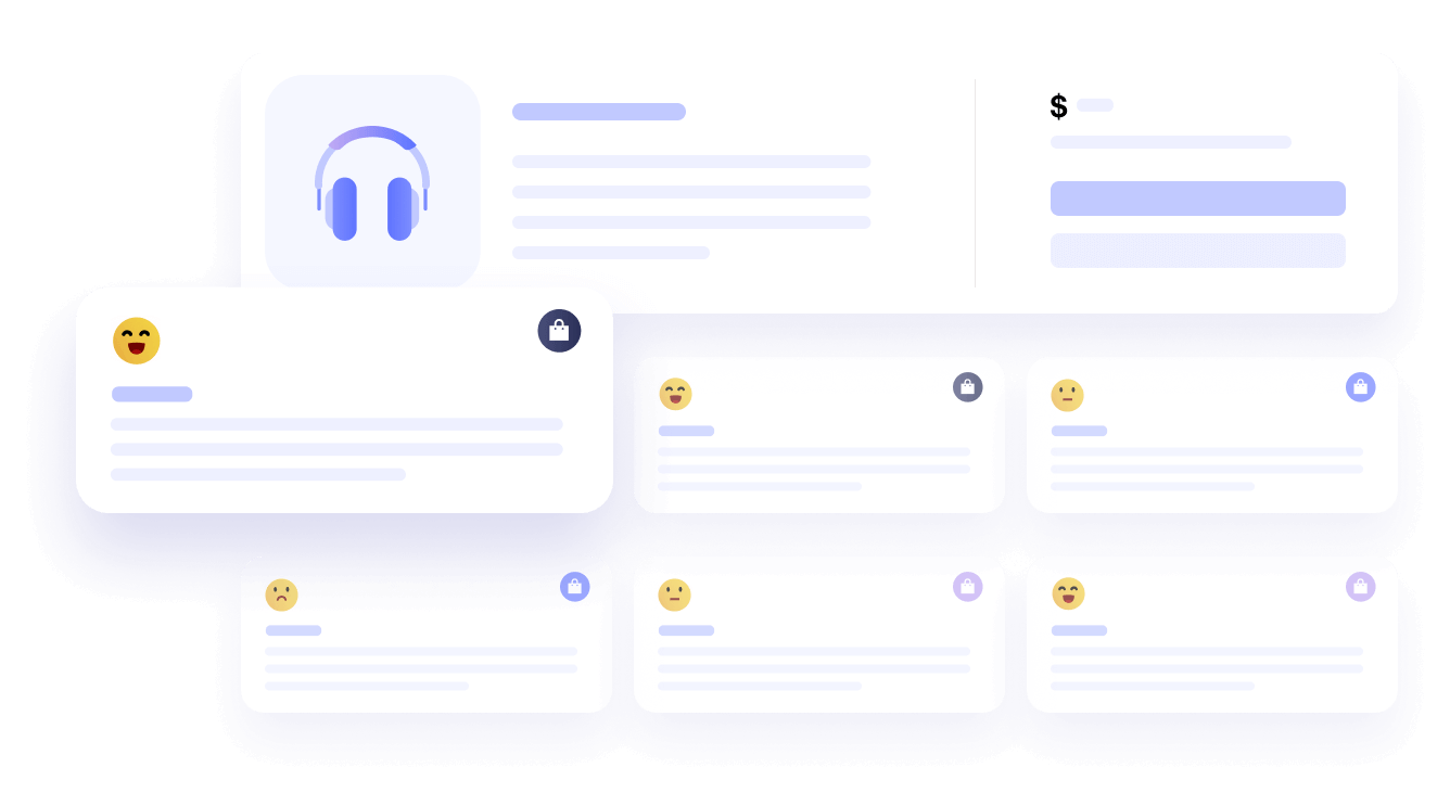 User interface design showing a headphone product listing with price and multiple user reviews featuring various emoji reactions and lock icons on reviews.