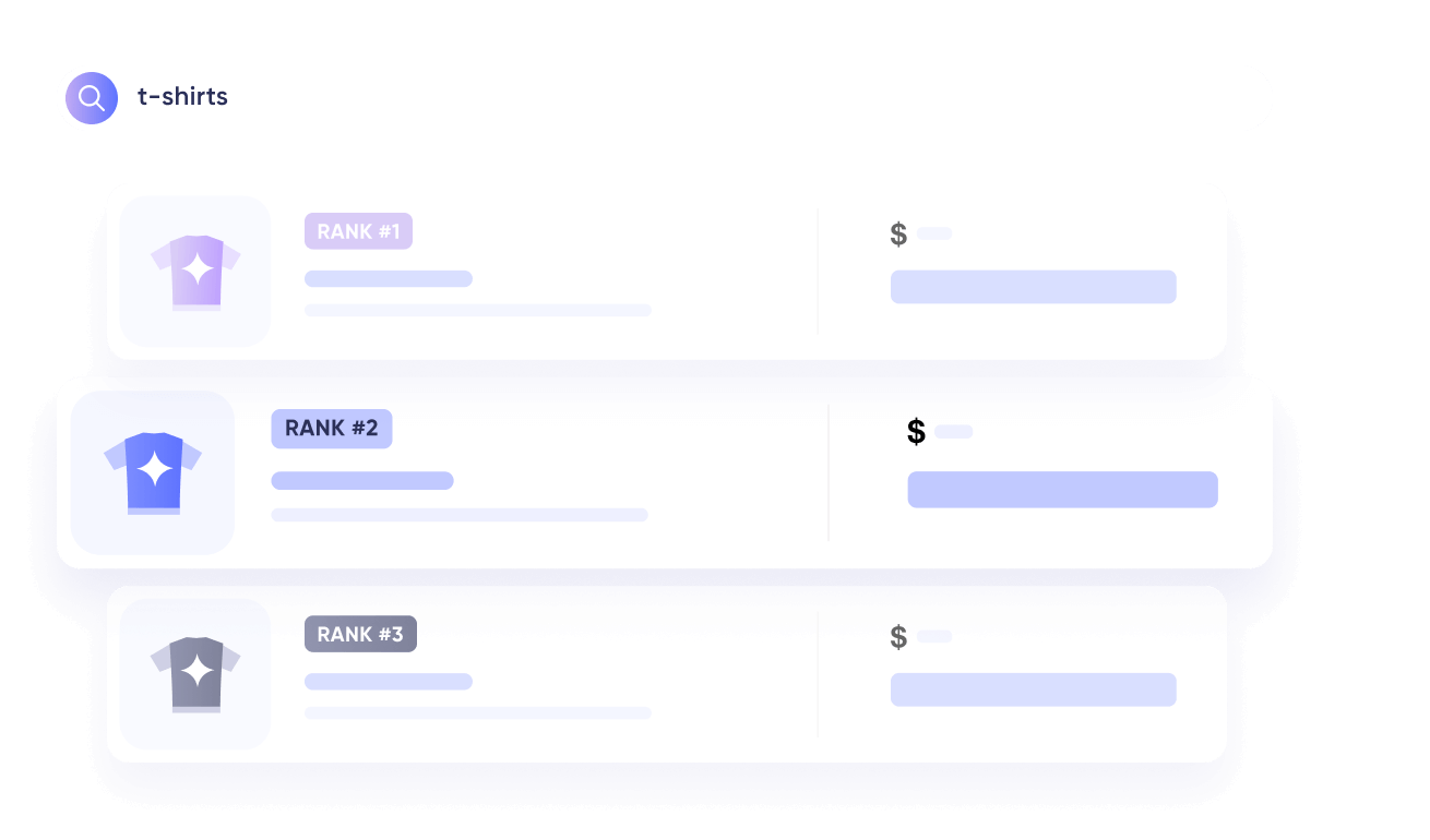 Search results for t-shirts showing three ranked product listings with t-shirt icons, ranks #1 to #3, and price placeholders.