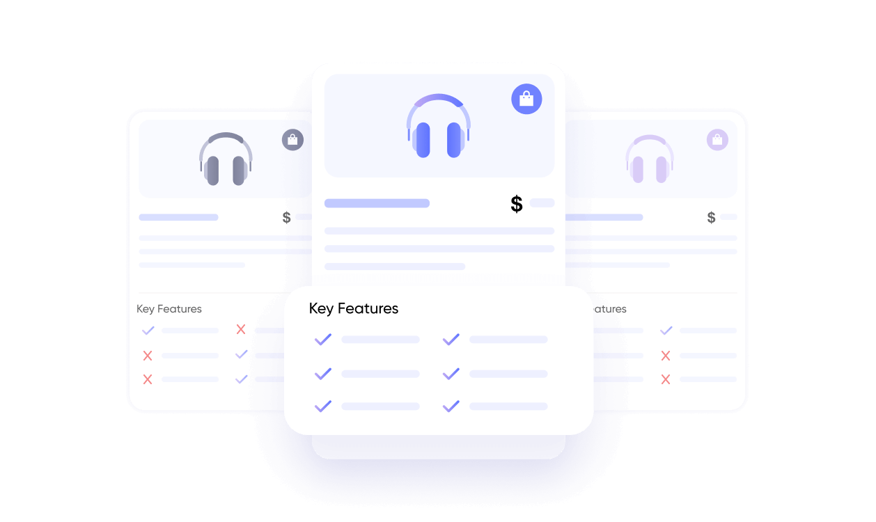 Comparison of three headphone product cards with key features highlighted using check and cross marks.