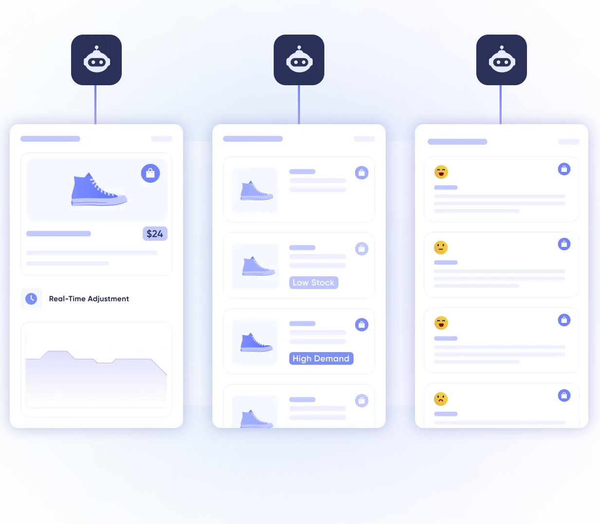 Three connected mobile screens showing AI-driven e-commerce management: product pricing and real-time adjustments, stock status labels like Low Stock and High Demand, and customer reviews with emojis.