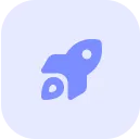 Blue rocket icon on light circular background.