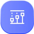 Icon showing a horizontal timeline with three connected nodes, on a rounded blue square background.