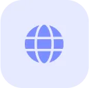 Blue globe icon with latitude and longitude lines on a light purple circular background.
