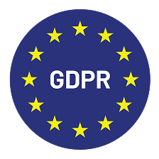 Blue circle with twelve yellow stars arranged in a ring around the white text GDPR.