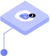 Isometric blue platform with a stylized handshake icon and a notification badge above a small connected blue circle.