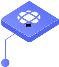 Blue isometric block with a globe icon on top and a connecting line ending in a blue circle.