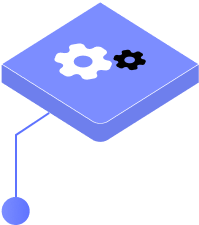 Isometric blue square platform with white and black gears on top connected by a line to a blue circle below.