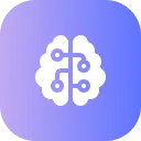 White brain icon with circuit-like lines on a blue to purple gradient background.