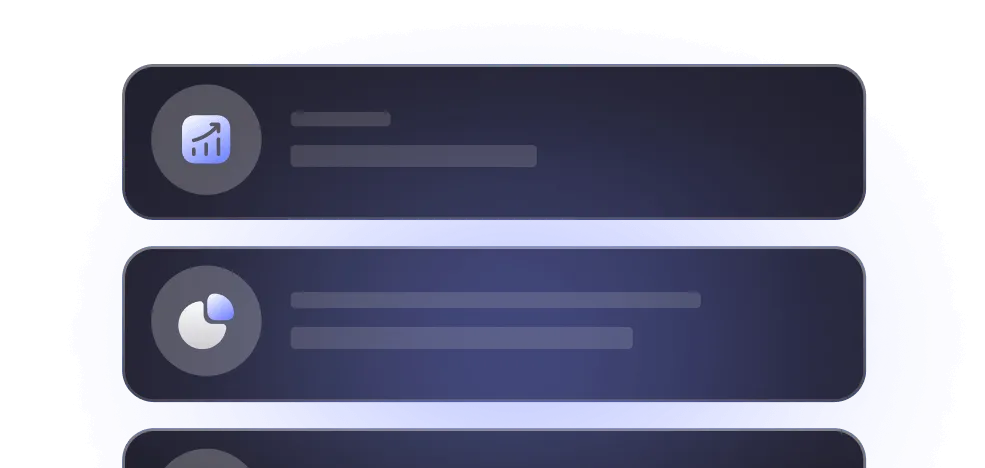 Dark interface with three horizontal cards showing circular icons representing analytics and charts on the left side.