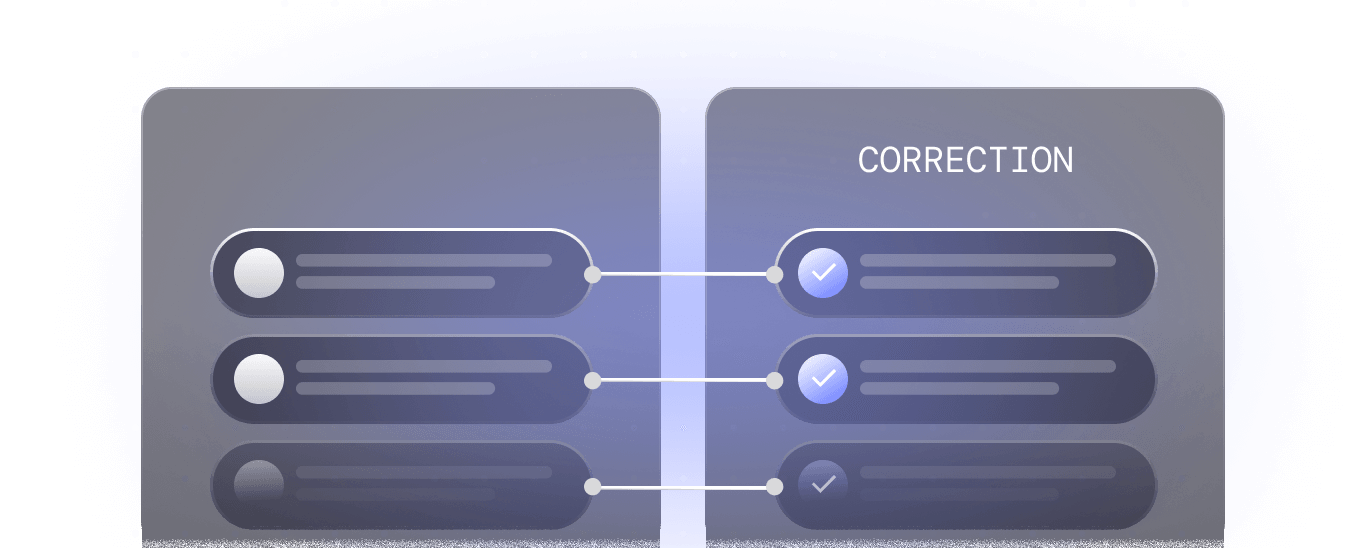 Side-by-side comparison of three horizontal bars; left bars have empty circles, right bars labeled 'CORRECTION' have check marks in filled circles, with lines connecting matching pairs.