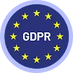 Blue circular GDPR icon with yellow stars around the text.
