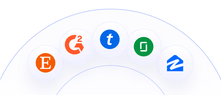 Circle of review platform logos: Etsy, G2, Trustpilot, Sitejabber, and Zillow on white circular backgrounds with shadows.