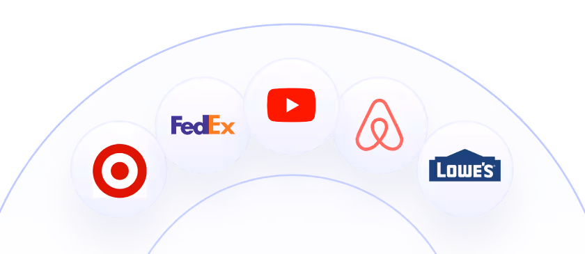 Circular arrangement of company logos including Target, FedEx, YouTube, Airbnb, and Lowe's on white circular backgrounds.
