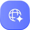 Icon of a globe with a sparkle on a purple rounded square background representing global quality or clean web.