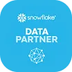 Snowflake Data Partner badge with a snowflake logo and geometric network icon on a blue rounded square background.