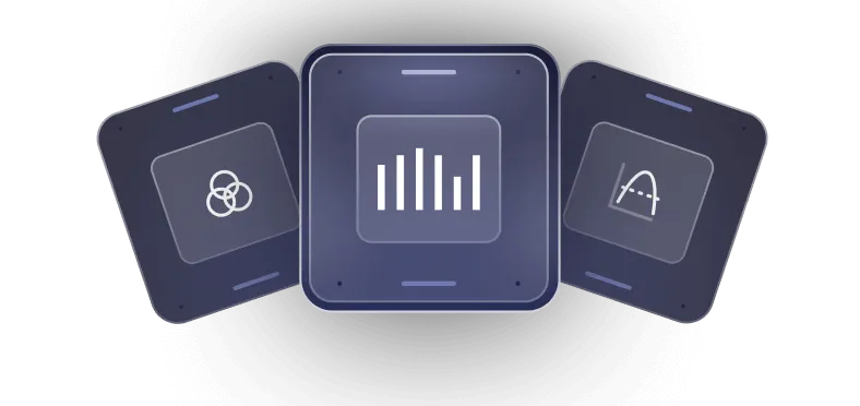 Three dark purple square tablets with display screens showing a Venn diagram, a bar chart, and a parabola graph.