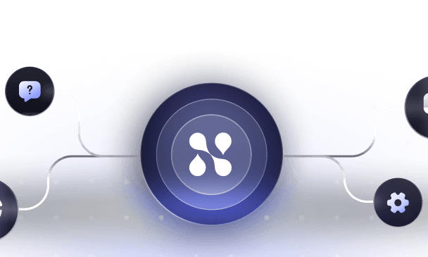 Dark blue circular interface with a central icon resembling drops connected by lines, connected by thin white lines to smaller circles containing a question mark and a gear icon.