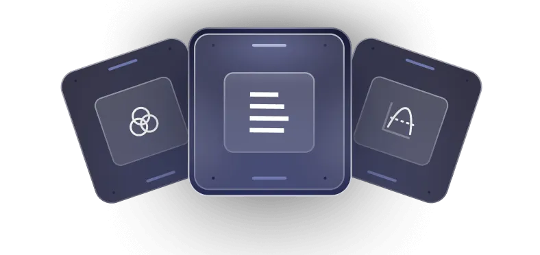 Three dark blue square touchscreens with white icons: overlapping circles on the left, horizontal lines in the center, and a parabola graph on the right.