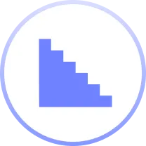 Blue downward staircase icon inside a light purple circular border.