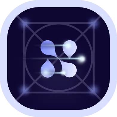 Abstract glowing shapes connected by light beams inside a rounded square with geometric grid lines on a dark blue background.