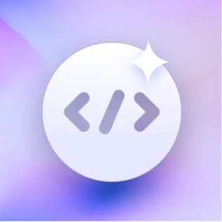 White circular button with dark purple code brackets icon and a sparkle symbol on a pastel purple-blue gradient background.