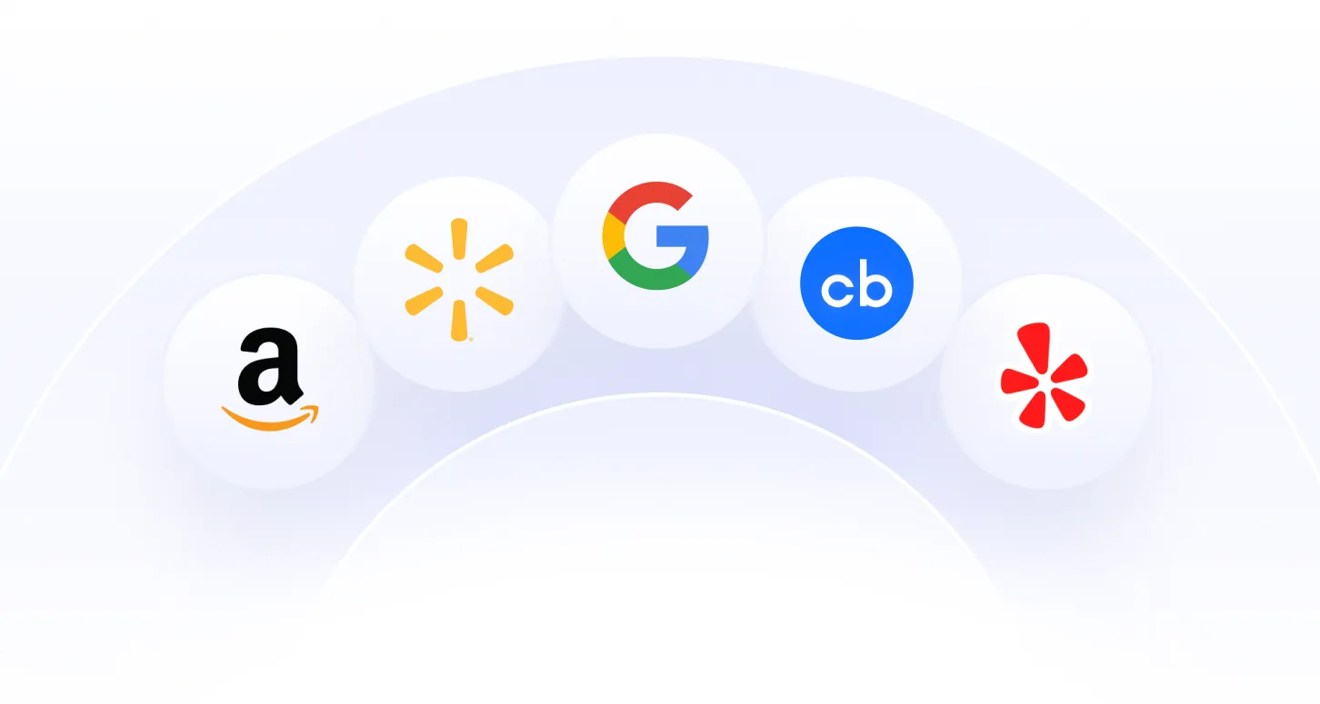 Five circular icons showing logos for Amazon, Walmart, Google, Credit Karma, and Yelp arranged in a semi-circle.