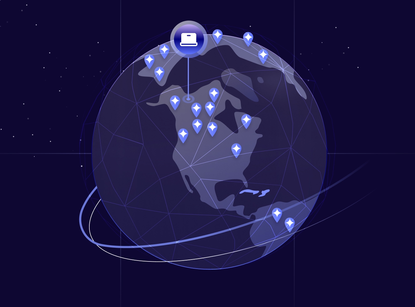 Glowing digital globe with multiple blue location markers across North and South America and a highlighted laptop icon above Canada.