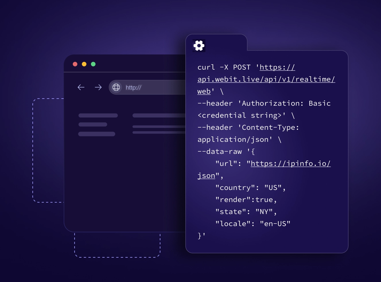 Illustration of a browser window with a code snippet showing a curl POST request to a realtime Webit API with authorization header and JSON data payload specifying URL, country, render, state, and locale parameters.