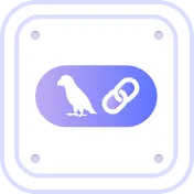 Button icon with a bird silhouette on the left and a chain link symbol on the right in a purple rounded rectangle.