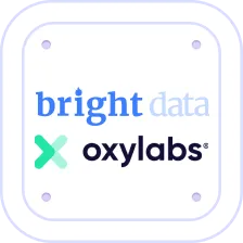 Logos of Bright Data and Oxylabs with a stylized green X between them on a rounded square white background.