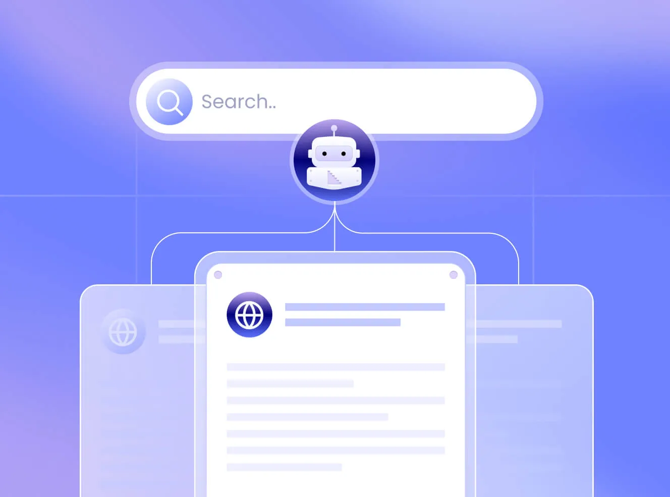 Illustration of a search bar connected to a robot icon that links to multiple document icons with globe symbols on a blue-purple gradient background.